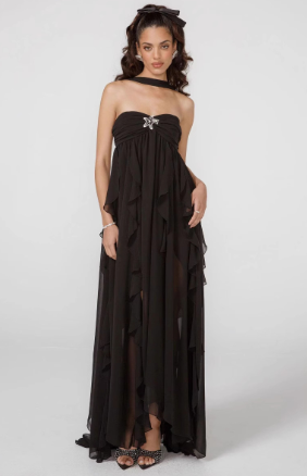 Maxi Dress with Halter Neckline and Layered Skirt - Black