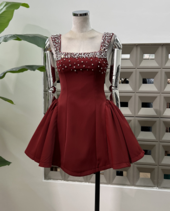 Mini Dress with Embellished Straps and Flared Hem - Maroon