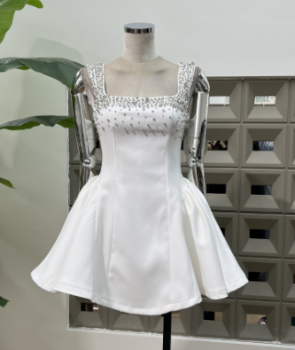 Mini Dress with Embellished Straps and Flared Hem - White