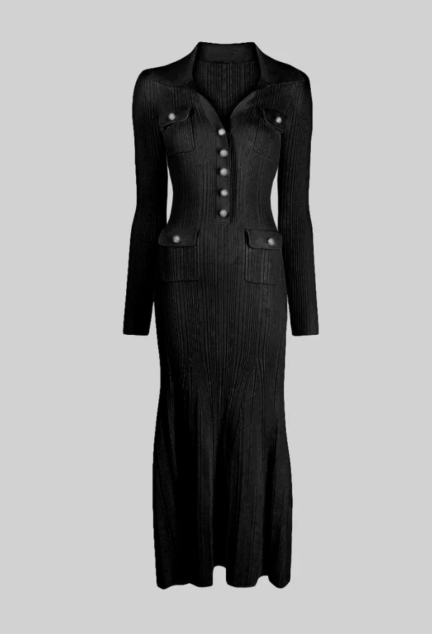Ribbed Midi Dress with Flared Hem and Decorative Pockets - Black