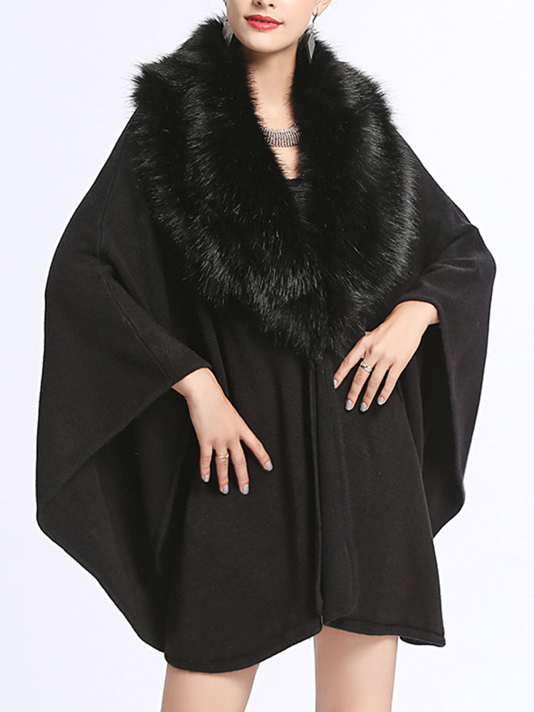 Draped Shawl Collar Cape Jacket with Fur Trim - Black