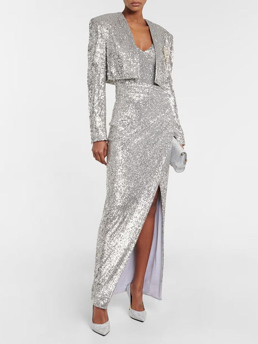 Sequined Cropped Blazer with Draped Maxi Dress - Silver