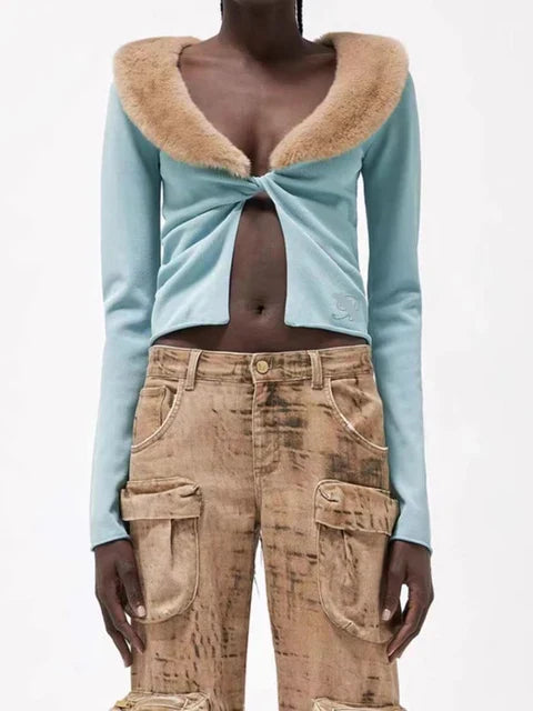 Cropped Jacket with Fur Wide Collar - Green