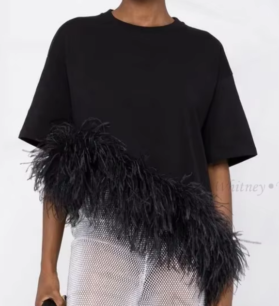 Asymmetrical T-Shirt with Feather Trim - Black