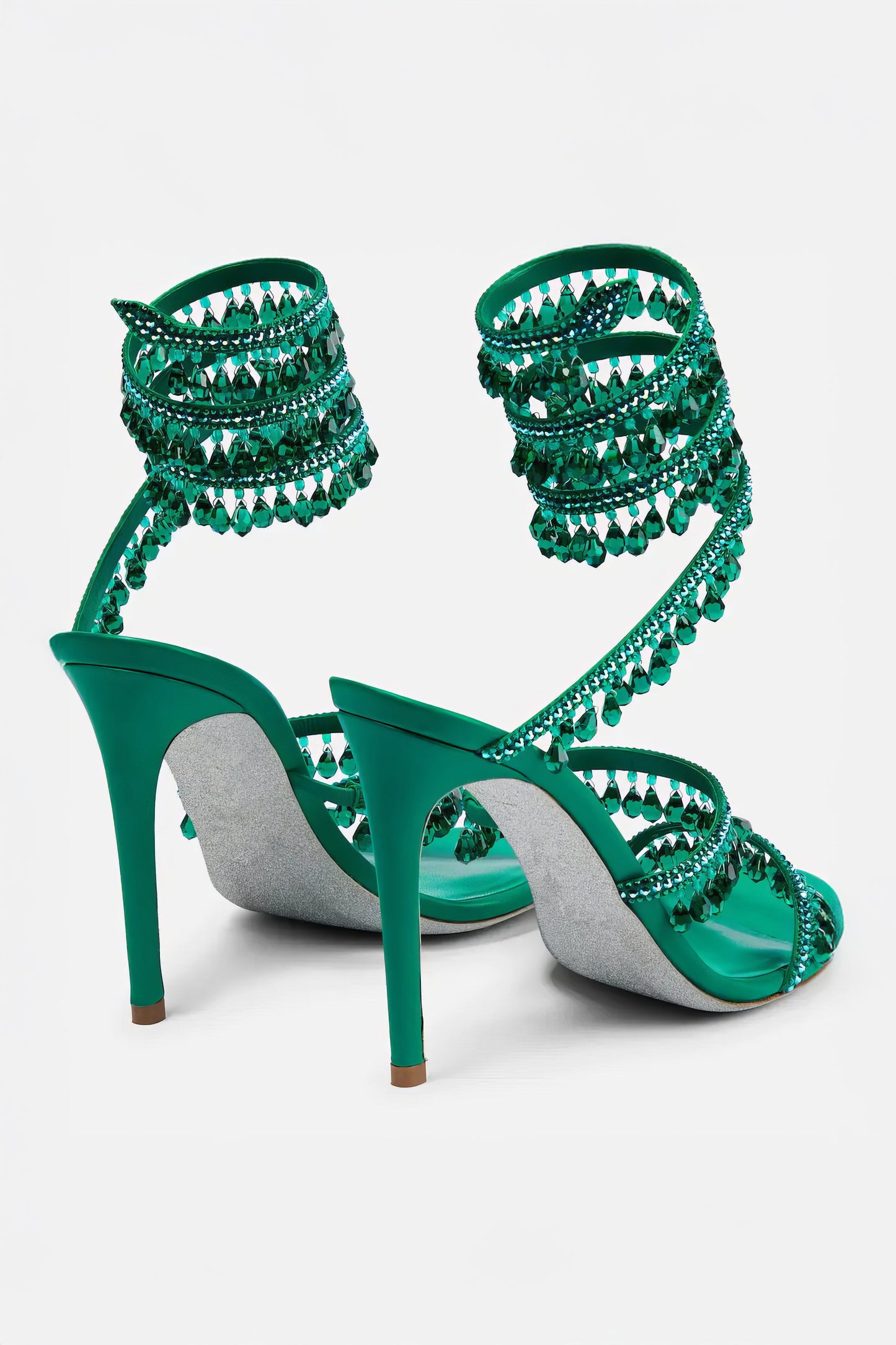 Beaded Wrap Strap High Heel Sandals - Dark Green