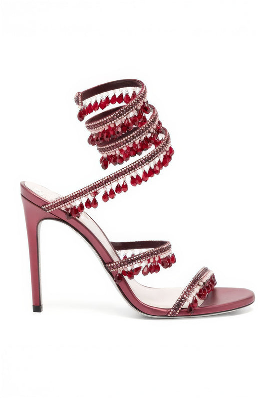 Beaded Wrap Strap High Heel Sandals - Red