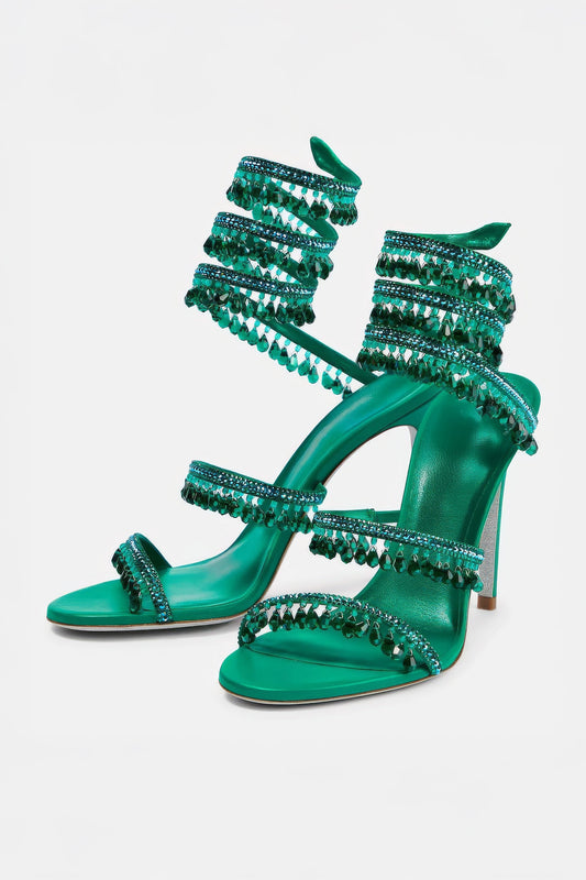 Beaded Wrap Strap High Heel Sandals - Dark Green
