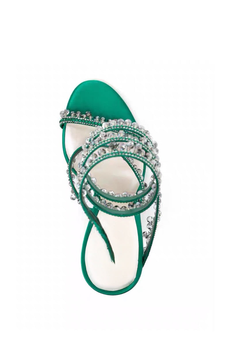 Beaded Wrap Strap High Heel Sandals - Green