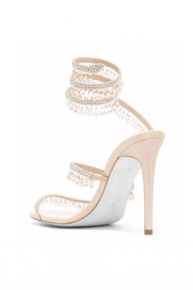 Beaded Wrap Strap High Heel Sandals - Beige