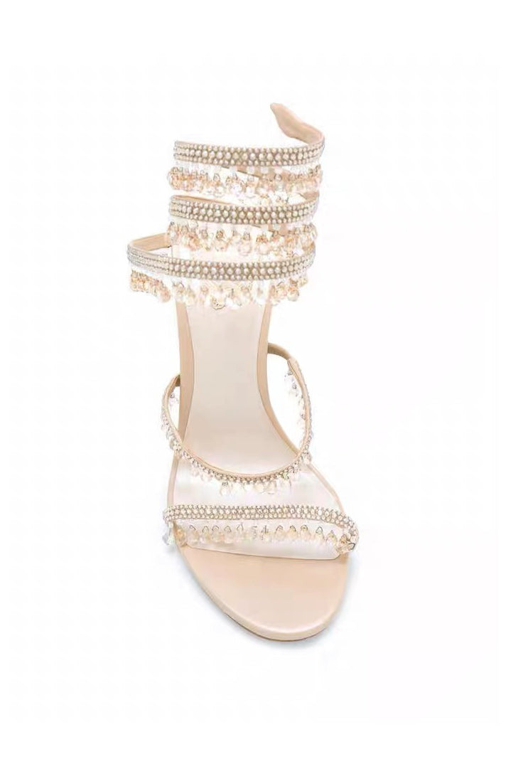 Beaded Wrap Strap High Heel Sandals - Beige