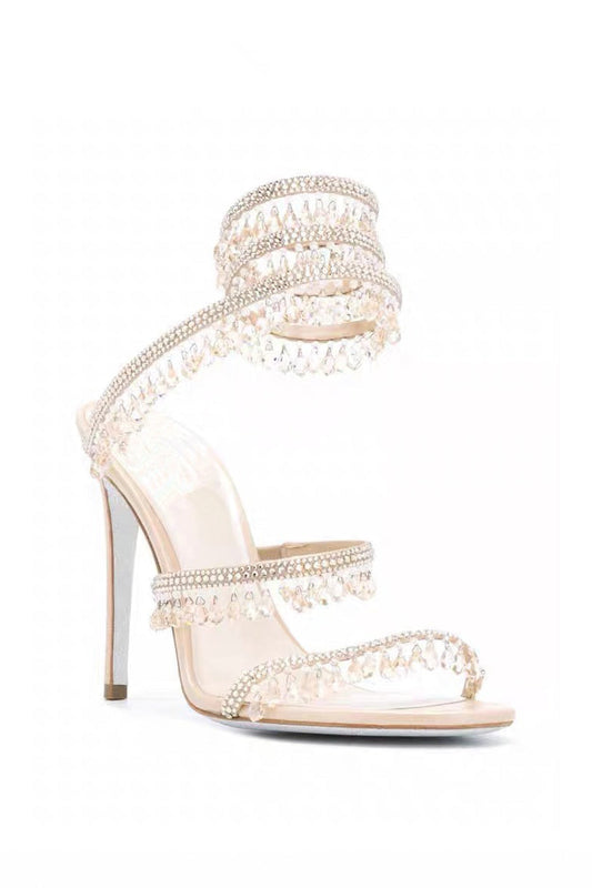 Beaded Wrap Strap High Heel Sandals - Beige