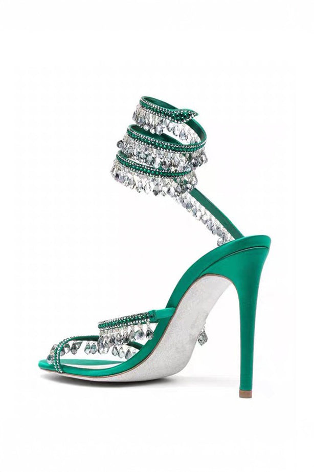 Beaded Wrap Strap High Heel Sandals - Green