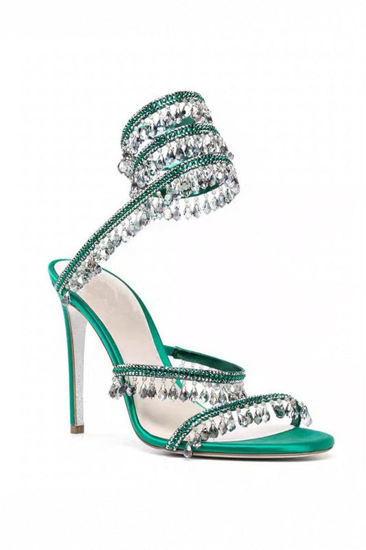 Beaded Wrap Strap High Heel Sandals - Green