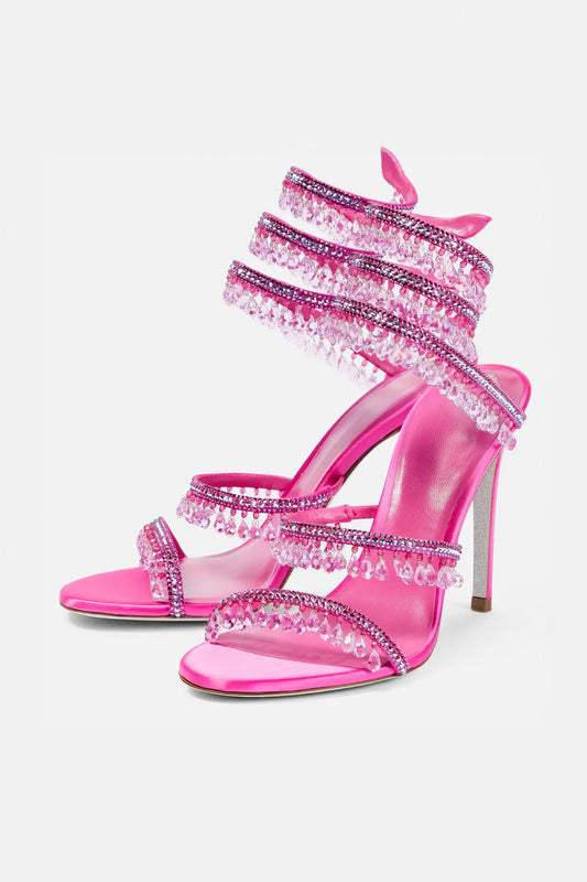 Beaded Wrap Strap High Heel Sandals - Pink