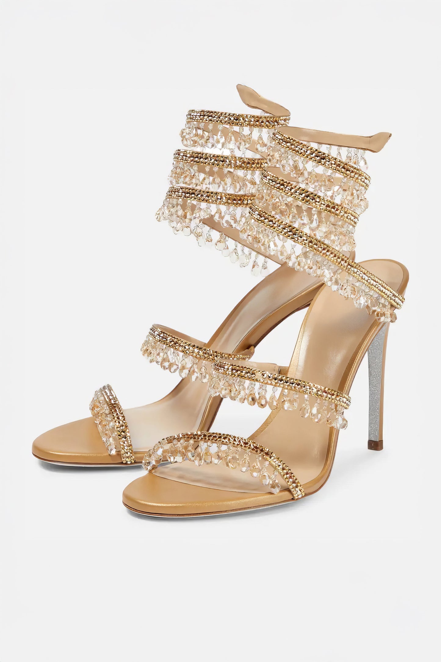 Beaded Wrap Strap High Heel Sandals - Gold