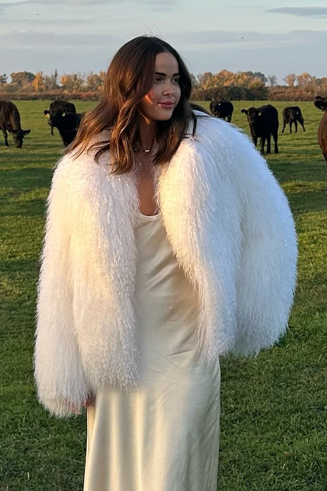 Natural Mongolian Sheepskin Coat with Lapels - White