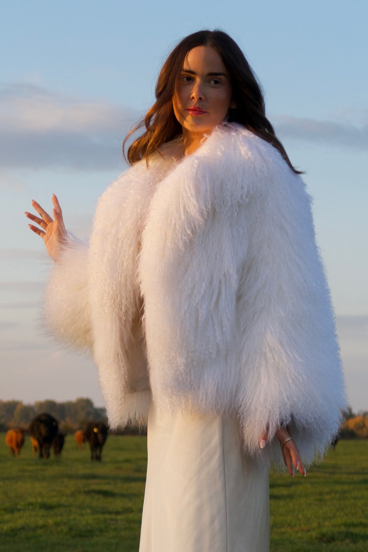 Natural Mongolian Sheepskin Coat with Lapels - White