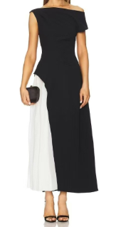 Asymmetrical Midi Dress with Pleated Contrast Panel - Black