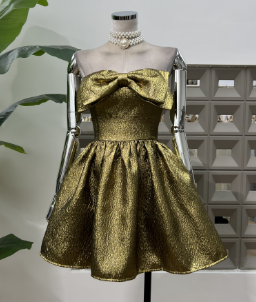 Strapless Mini Dress with Oversized Bow - Gold