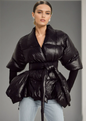 Short Puffer Coat with Waist Belt and Draped Hem - Black (Copy)