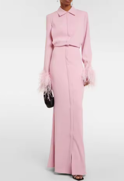 Collared Maxi Dress with Feather Cuff Sleeves - Pink