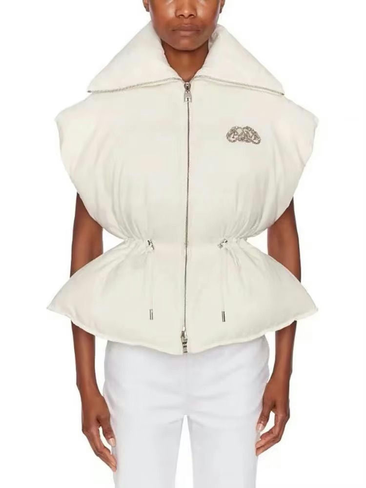 Padded Sleeveless Jacket with High Collar and Cinched Waist - White