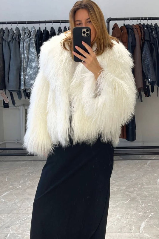 Natural Mongolian Sheepskin Coat with Lapels - White