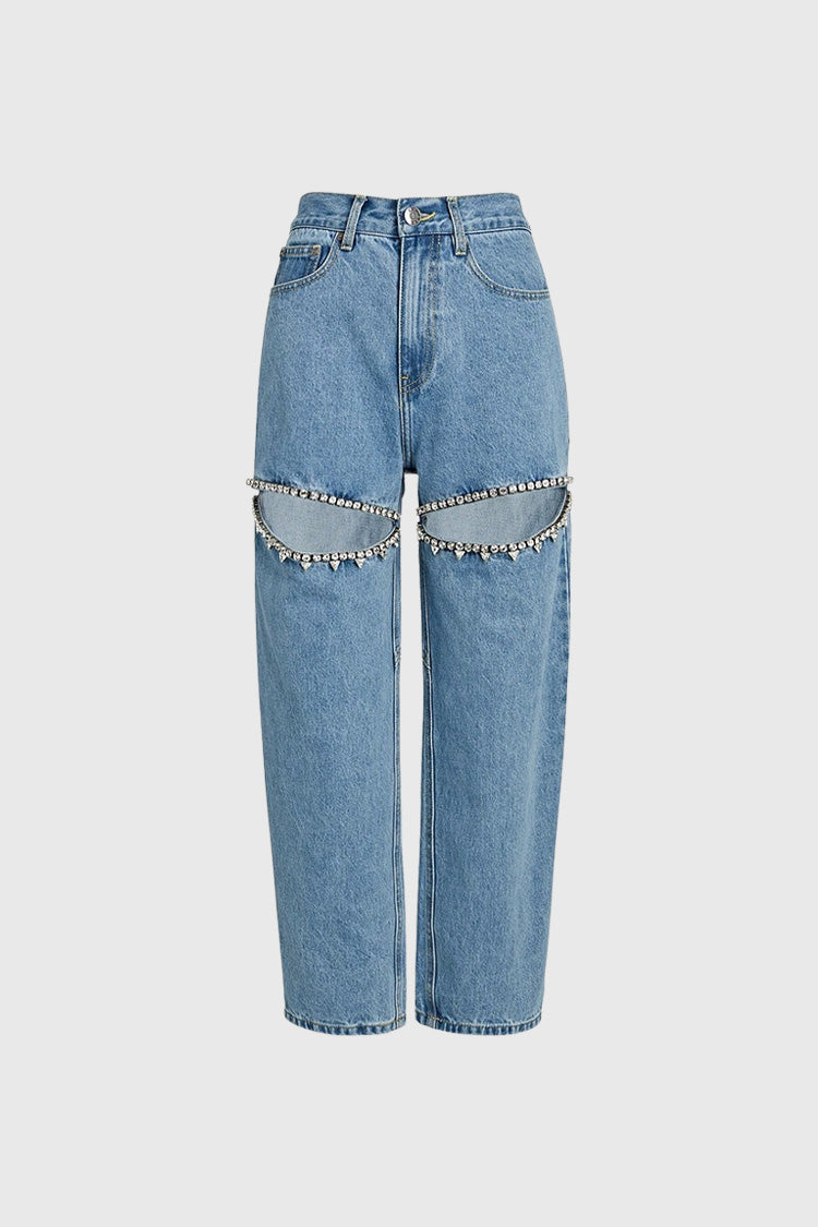 High-Waisted Embellished Cutout Jeans - Blue