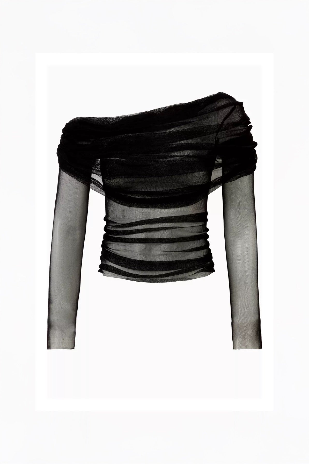 Long Sleeve Mesh Ruched Off-Shoulder Top - Black