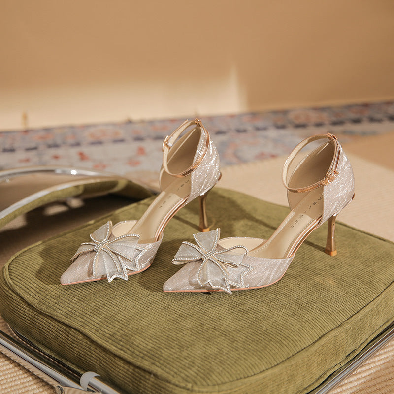 Glitter Heels with Large Bow and Ankle Strap - Champagne