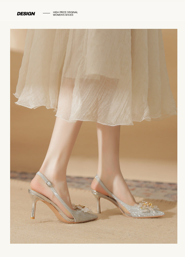 Slingback Heels with Beaded Flower Front and Buckled Strap - Silver