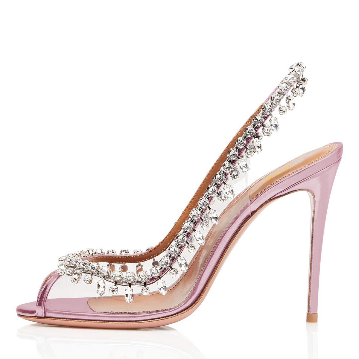 Clear Slingback Heels with Crystal Trim - Pink
