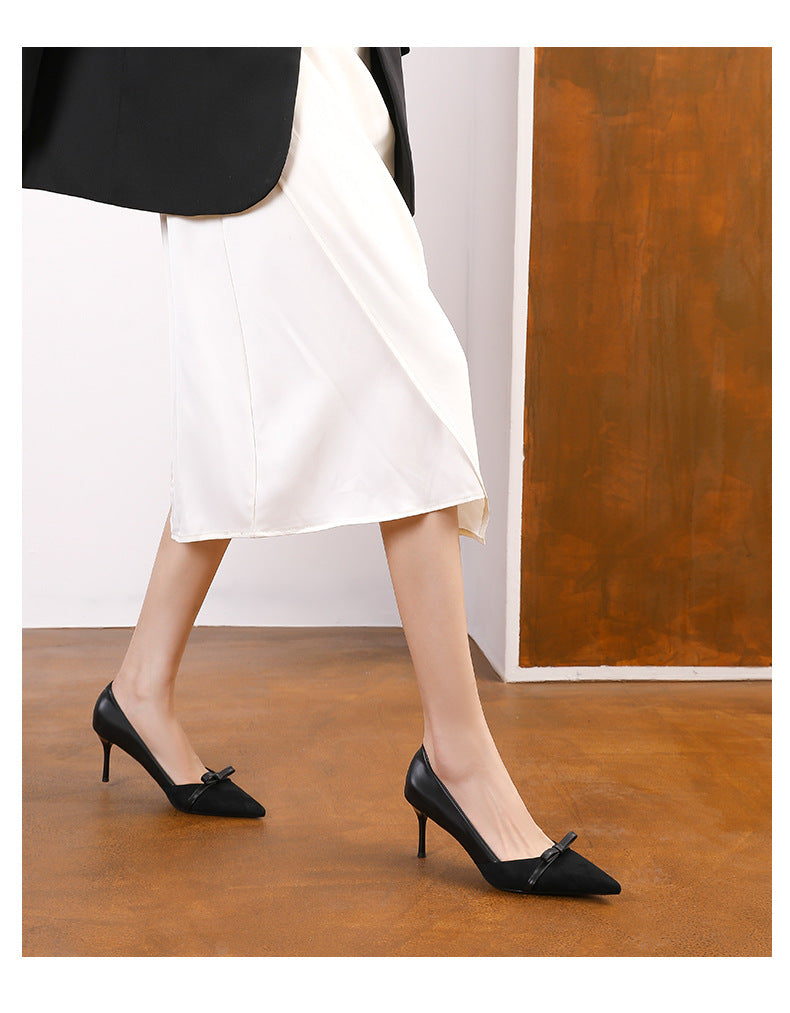 Leopard Tip and Bow Accent Pointed Toe Heels - Black