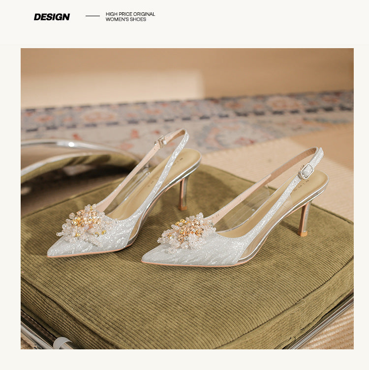 Slingback Heels with Beaded Flower Front and Buckled Strap - Silver