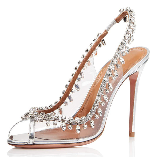 Clear Slingback Heels with Crystal Trim - Gold