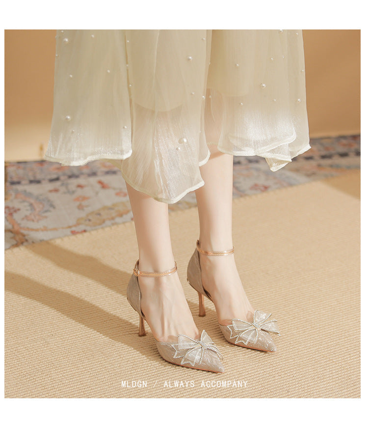 Glitter Heels with Large Bow and Ankle Strap - Champagne