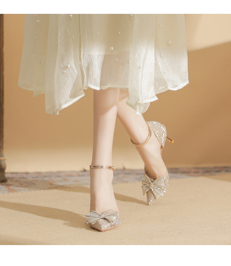 Glitter Heels with Large Bow and Ankle Strap - Champagne
