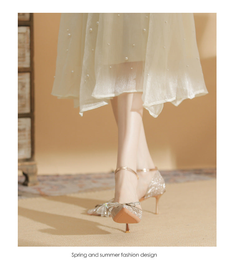 Glitter Heels with Large Bow and Ankle Strap - Champagne