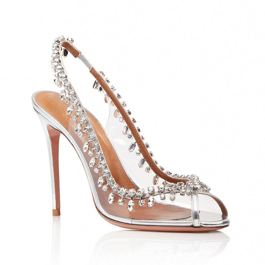 Clear Slingback Heels with Crystal Trim - White