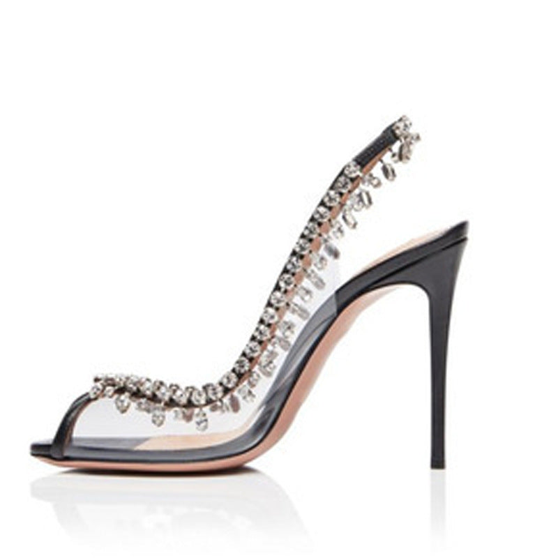 Clear Slingback Heels with Crystal Trim - Black