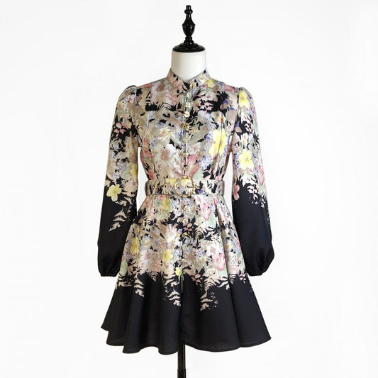 Mini Dress with Belt and Long Sleeves - Black