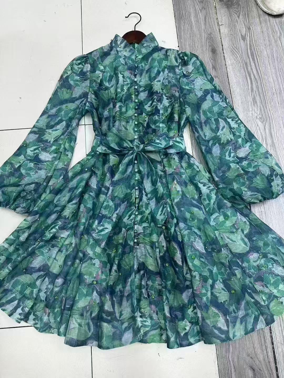 Mini Dress with Embellished Details and Belted Waist - Green