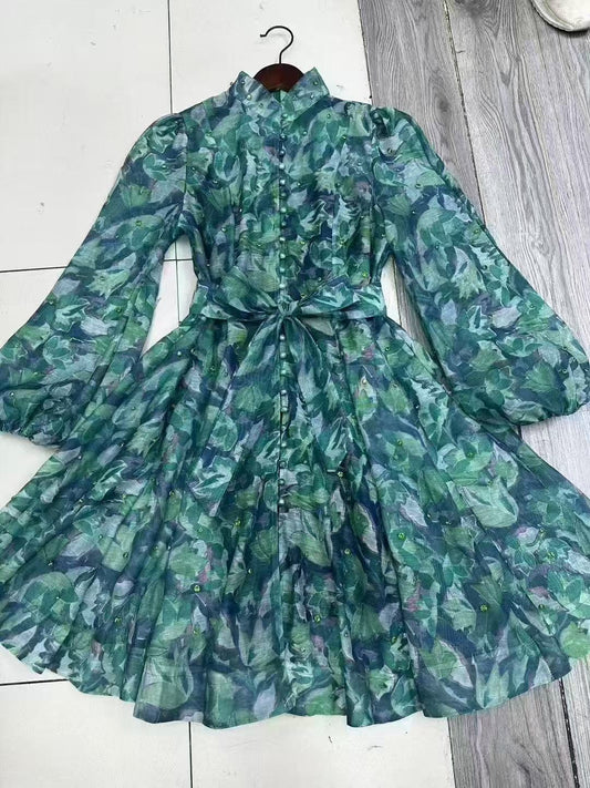 Mini Dress with Embellished Details and Belted Waist - Green