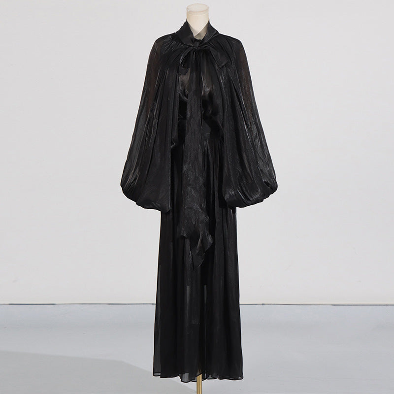 Pleated Maxi Dress with Tie Neckline - Black