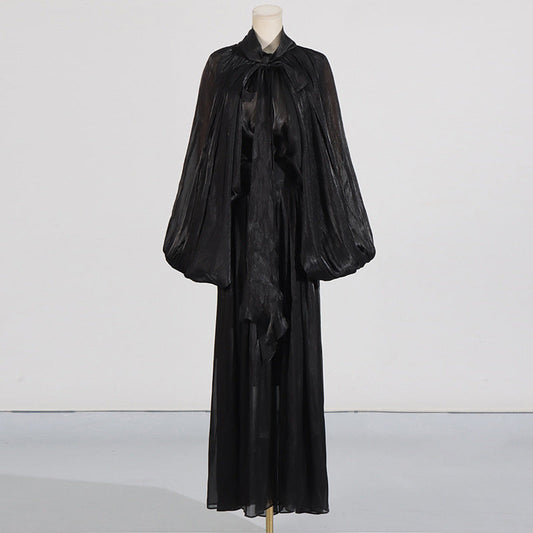Pleated Maxi Dress with Tie Neckline - Black