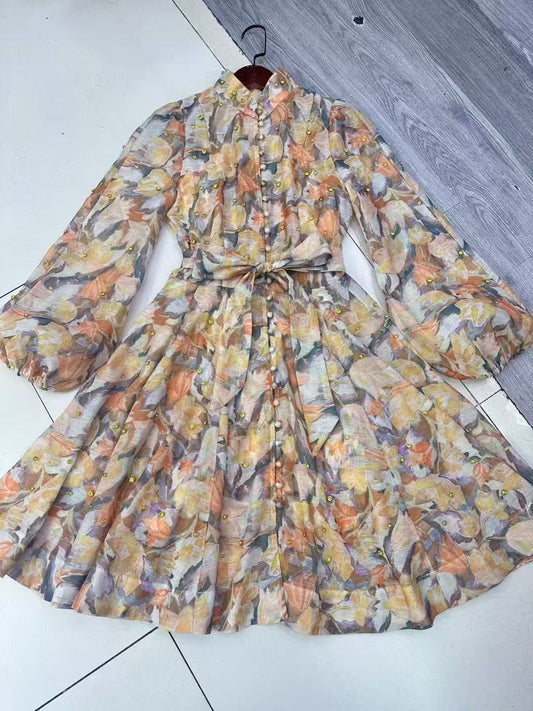 Mini Dress with Embellished Details and Belted Waist - Yellow