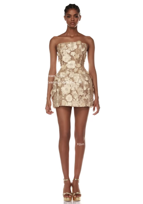 Strapless Floral Embellished Mini Dress with Lace-Up Back - Beige