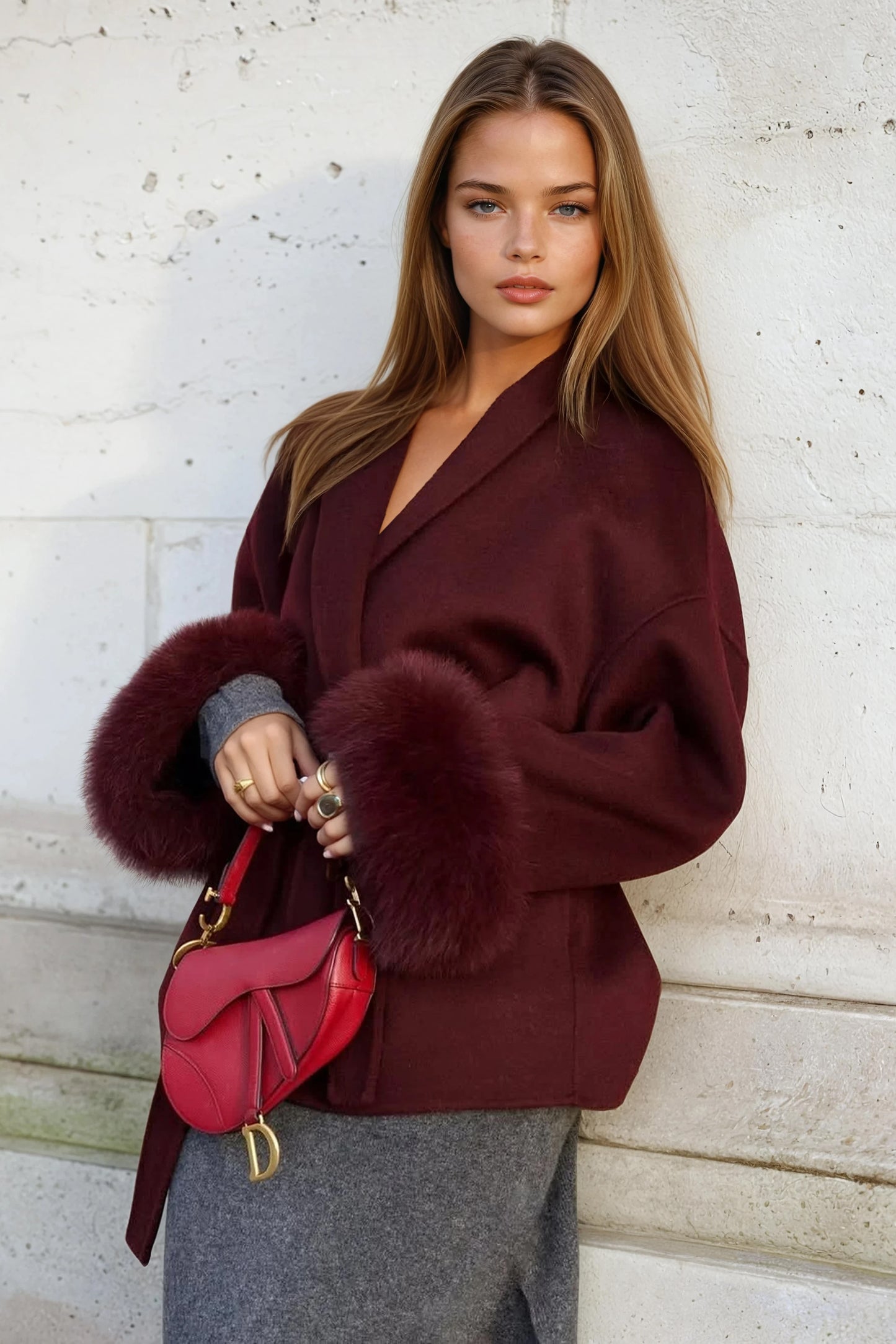 100% Wool Belted Coat with Fur Cuffs - Burgundy