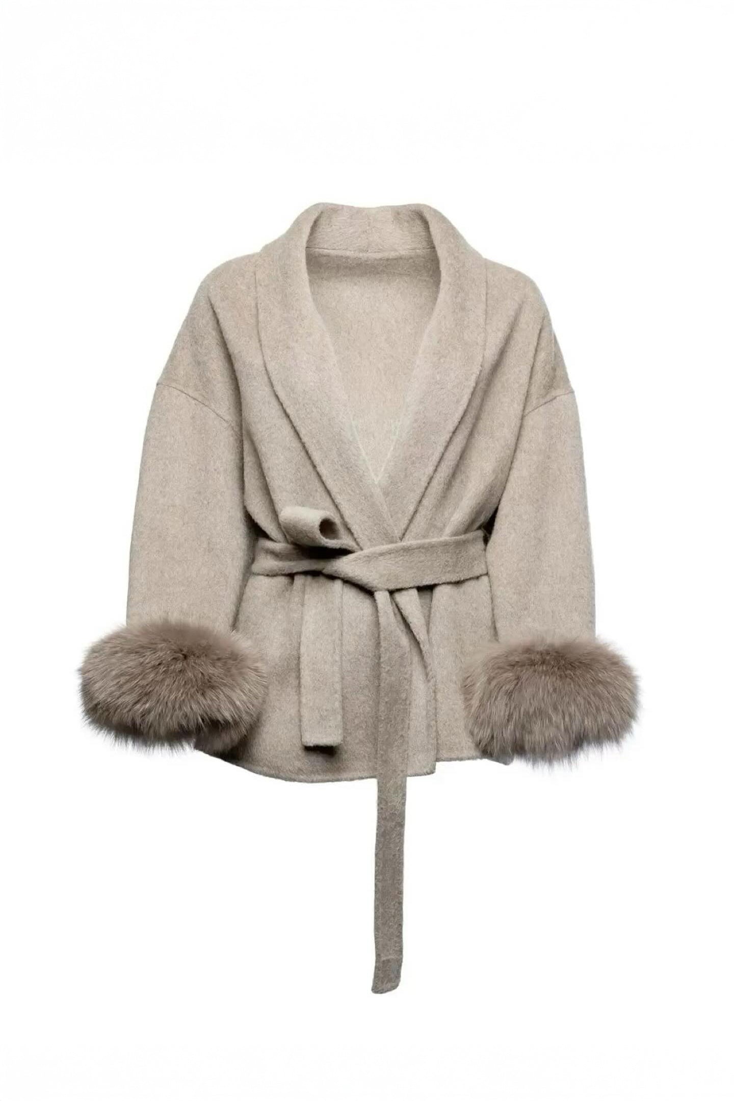 100% Wool Belted Coat with Fur Cuffs - Taupe