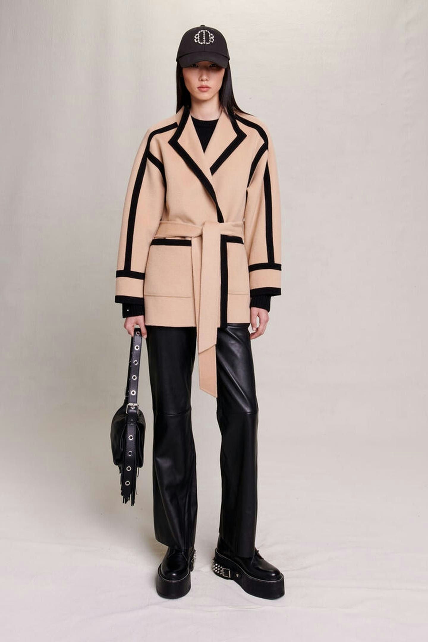 Belted Contrast-Trim Coat with High Collar - Brown